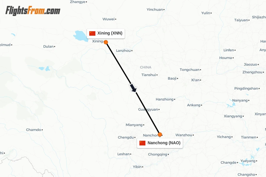 Flights from Xining to Nanchong route map