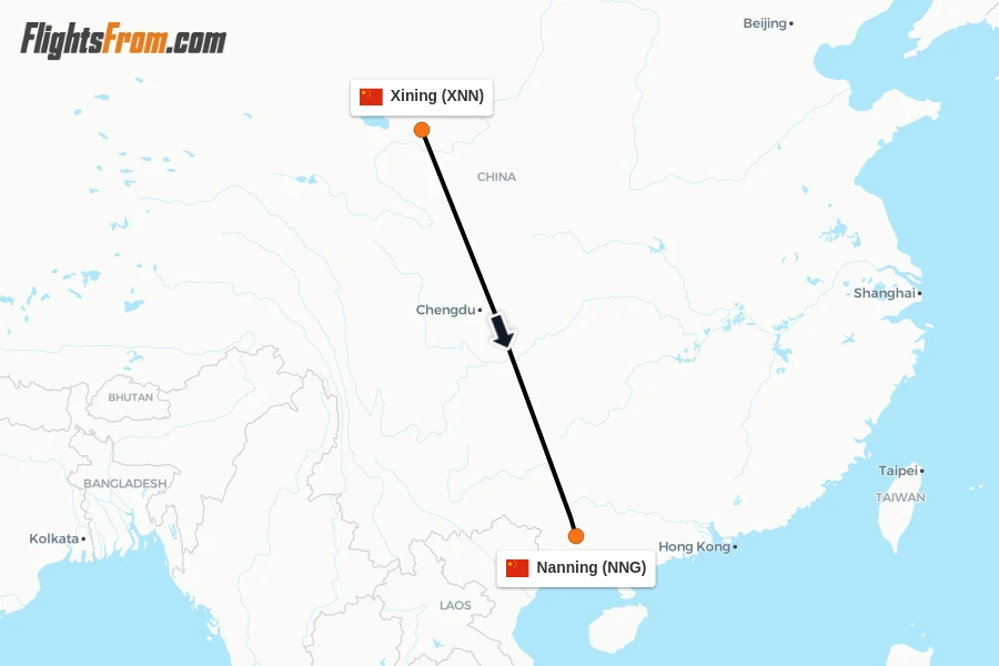 Flights from Xining to Nanning route map