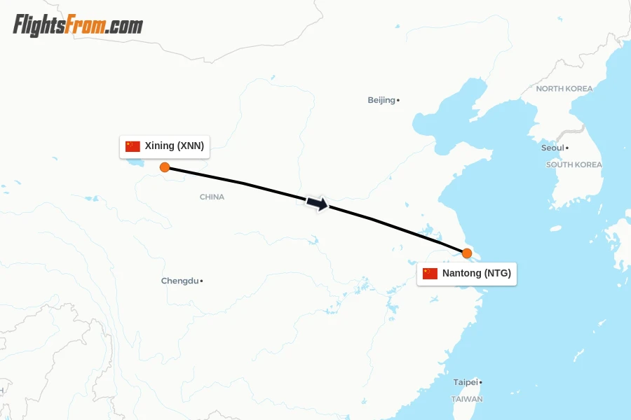 Flights from Xining to Nantong route map