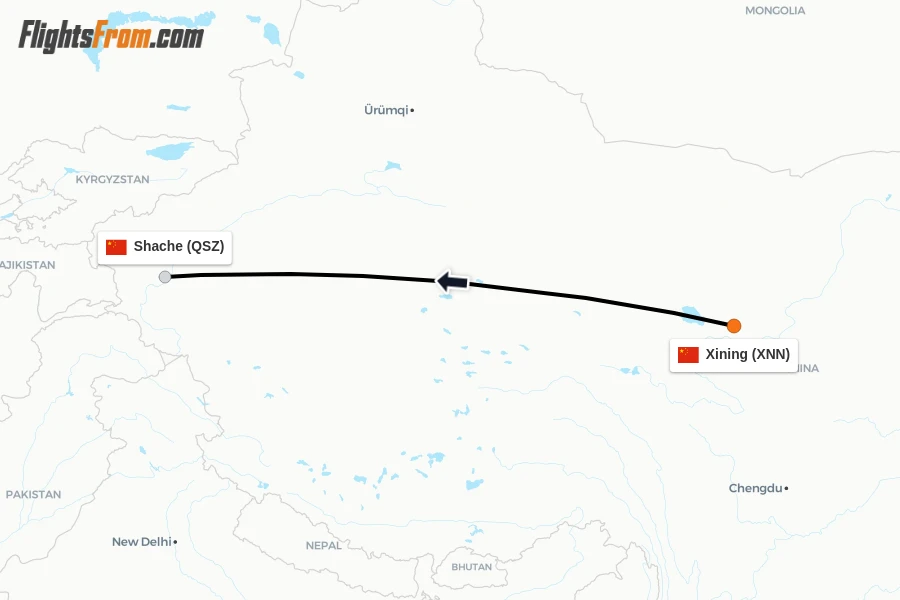 Flights from Xining to Shache route map