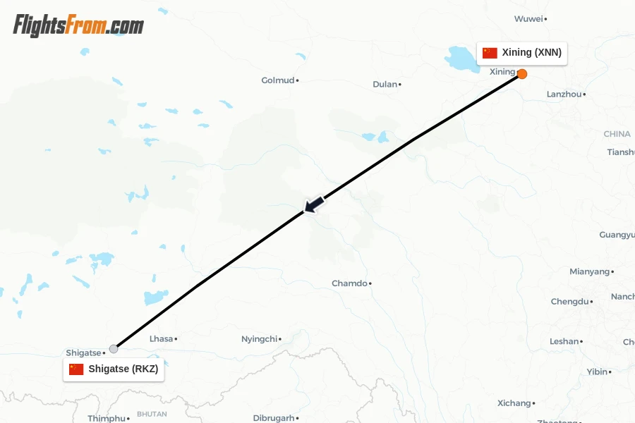 Flights from Xining to Shigatse route map