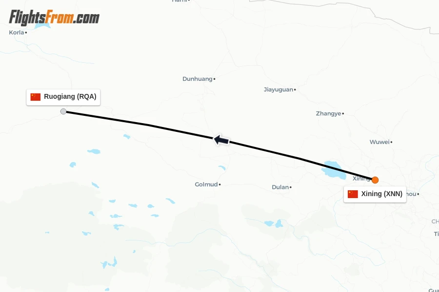 Flights from Xining to Ruogiang route map
