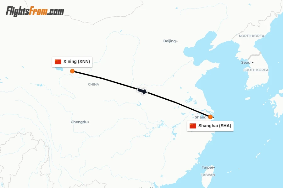 Flights from Xining to Shanghai route map