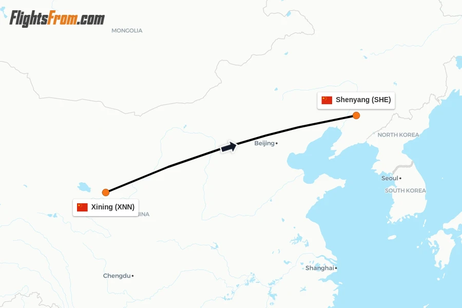 Flights from Xining to Shenyang route map