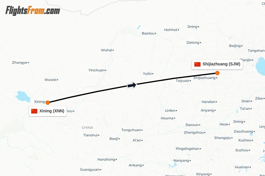 Flights from Xining to Shijiazhuang route map