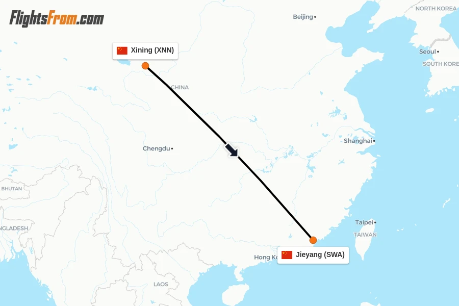 Flights from Xining to Jieyang route map