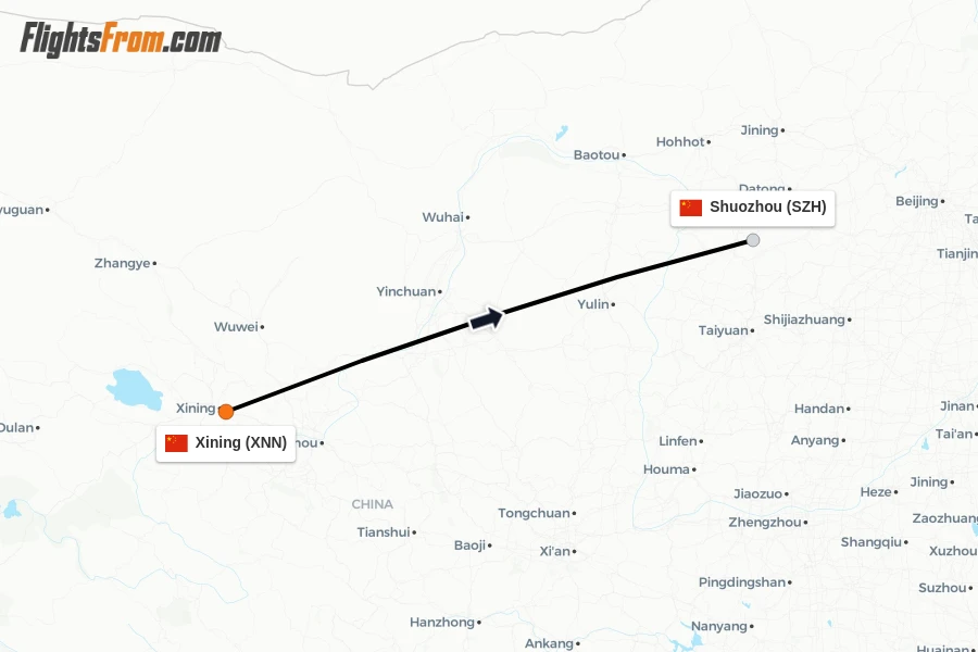 Flights from Xining to Shuozhou route map