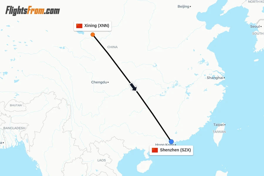 Flights from Xining to Shenzhen route map