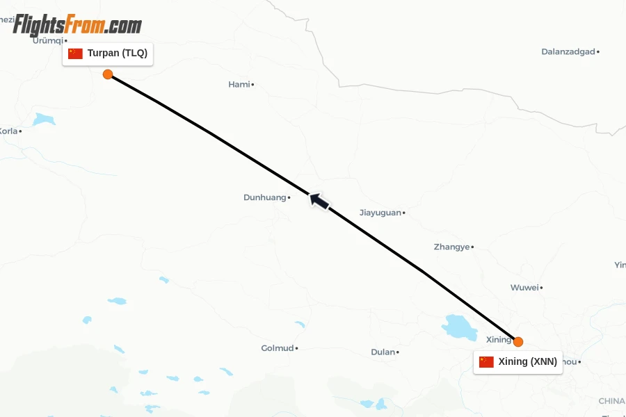 Flights from Xining to Turpan route map