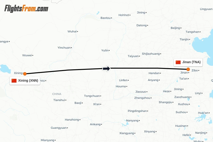 Flights from Xining to Jinan route map