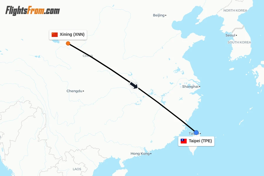 Flights from Xining to Taipei route map