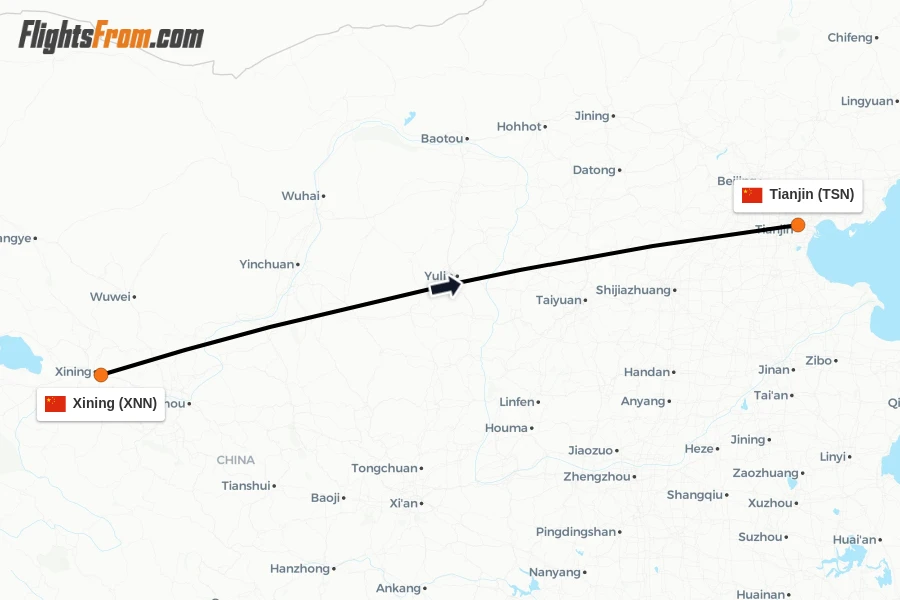 Flights from Xining to Tianjin route map