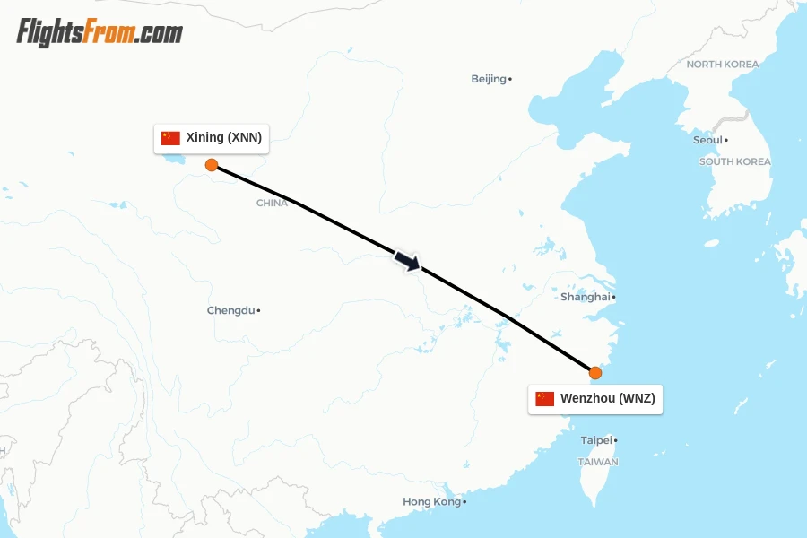 Flights from Xining to Wenzhou route map
