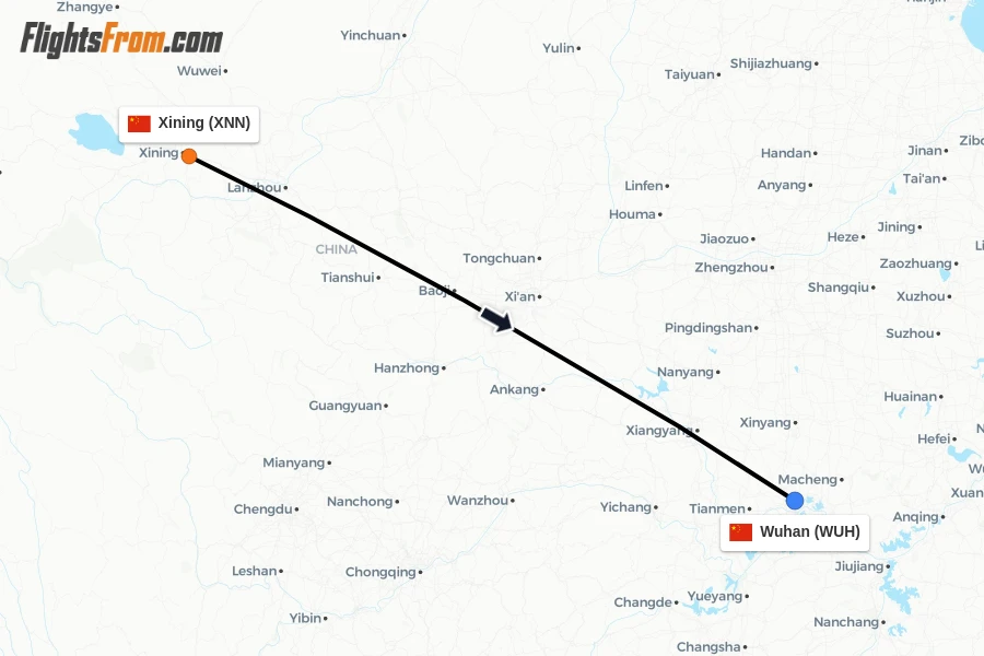 Flights from Xining to Wuhan route map