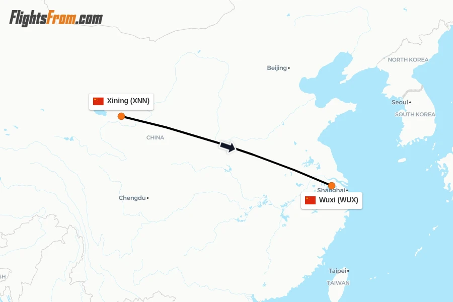 Flights from Xining to Wuxi route map