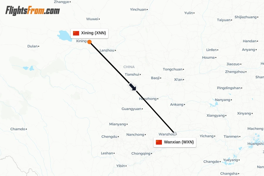 Flights from Xining to Wanxian route map