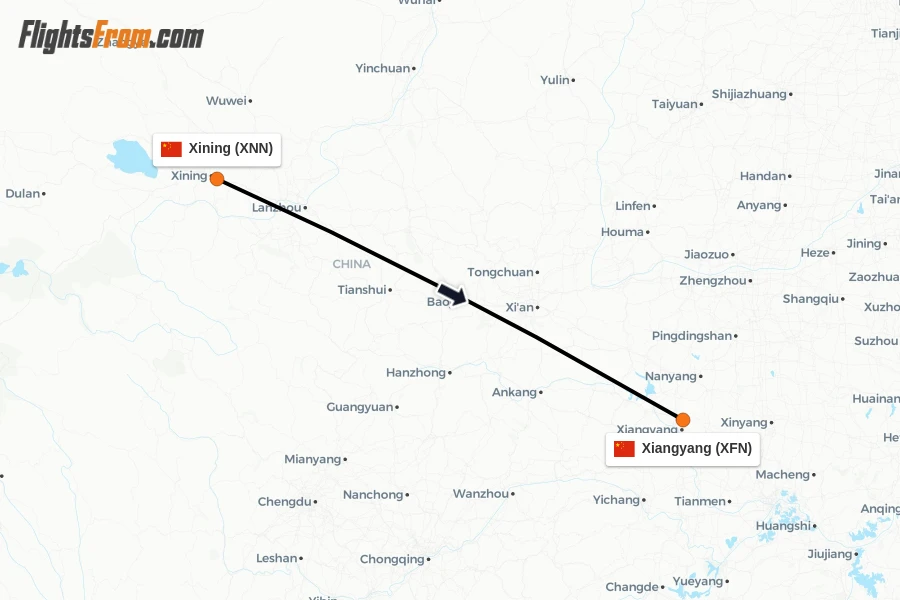 Flights from Xining to Xiangyang route map
