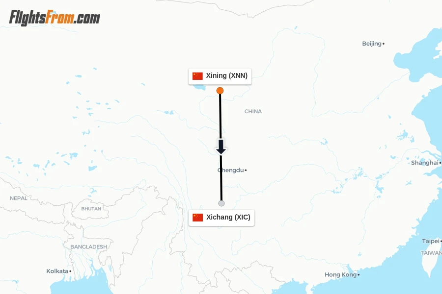 Flights from Xining to Xichang route map