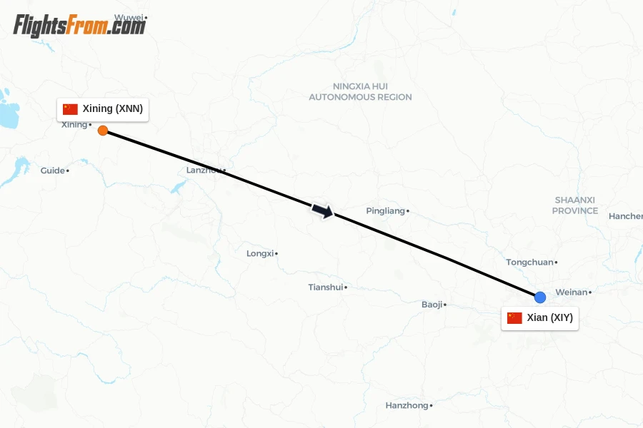 Flights from Xining to Xian route map