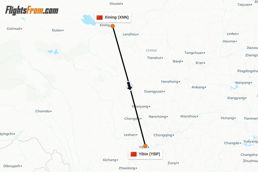 Flights from Xining to Yibin route map