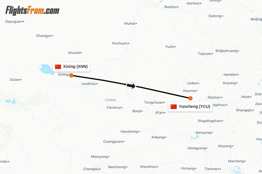 Flights from Xining to Yuncheng route map
