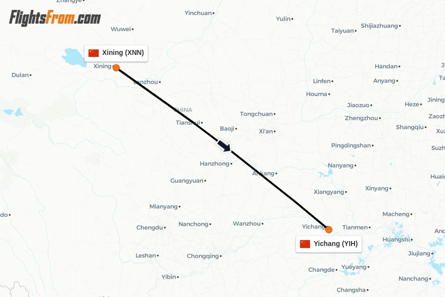 Flights from Xining to Yichang route map