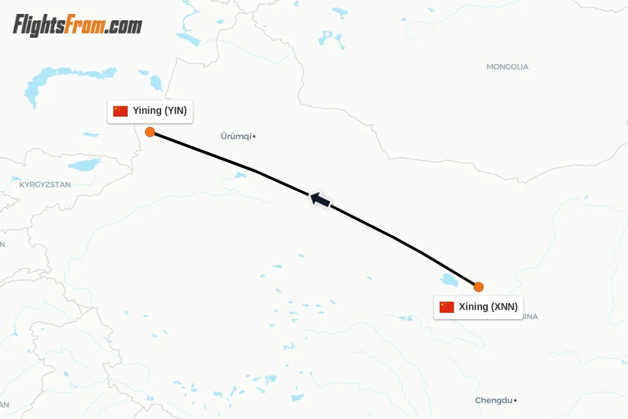 Flights from Xining to Yining route map