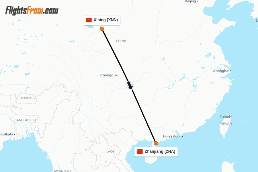 Flights from Xining to Zhanjiang route map