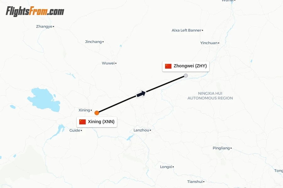 Flights from Xining to Zhongwei route map