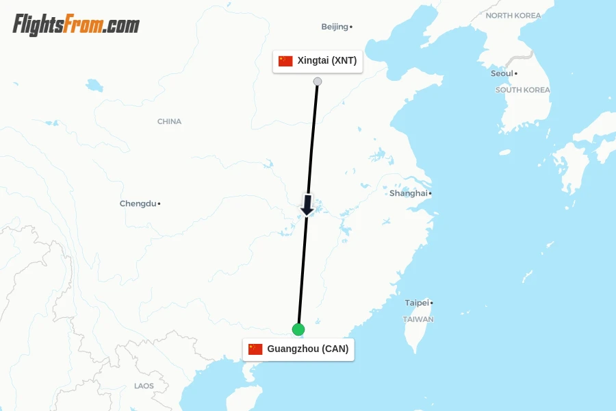 Flights from Xingtai to Guangzhou route map