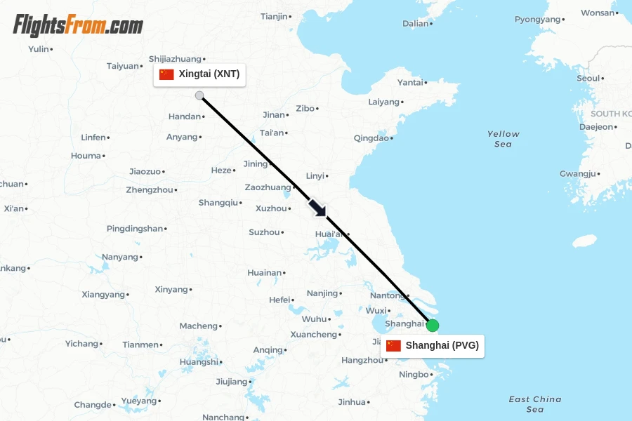 Flights from Xingtai to Shanghai route map