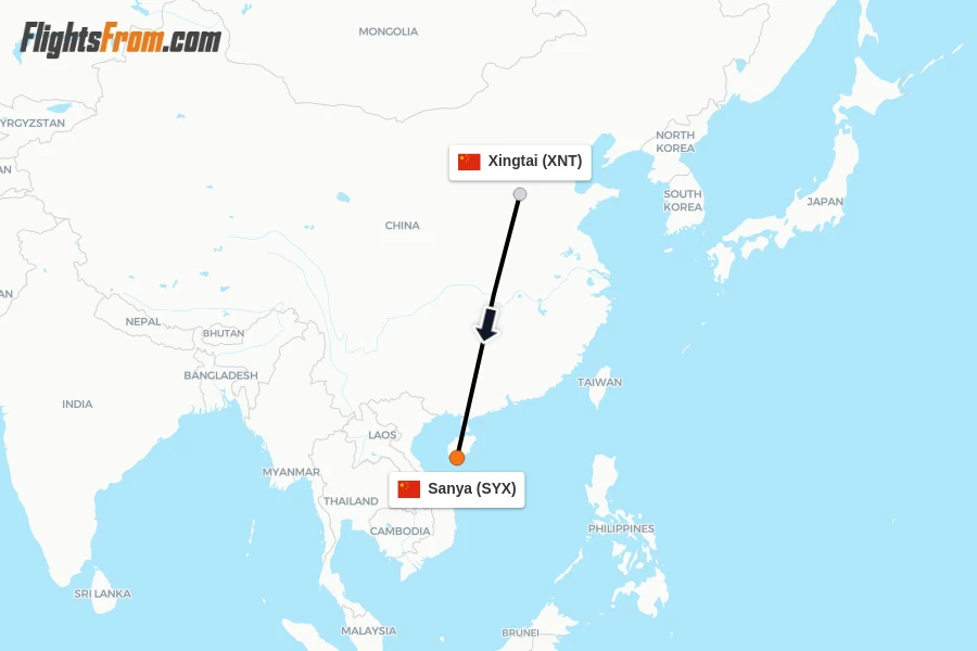 Flights from Xingtai to Sanya route map