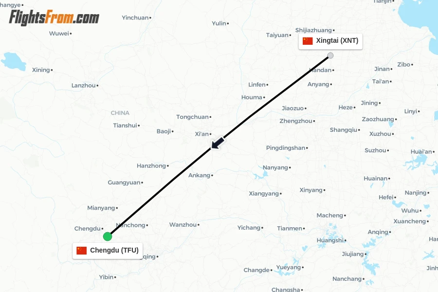 Flights from Xingtai to Chengdu route map