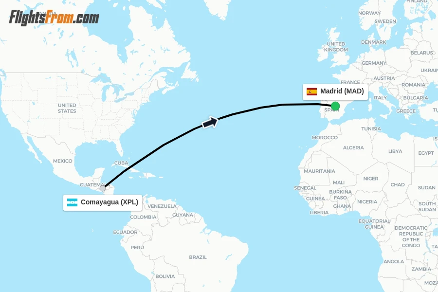 Flights from Comayagua to Madrid route map