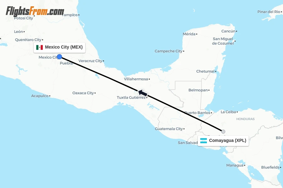 Flights from Comayagua to Mexico City route map