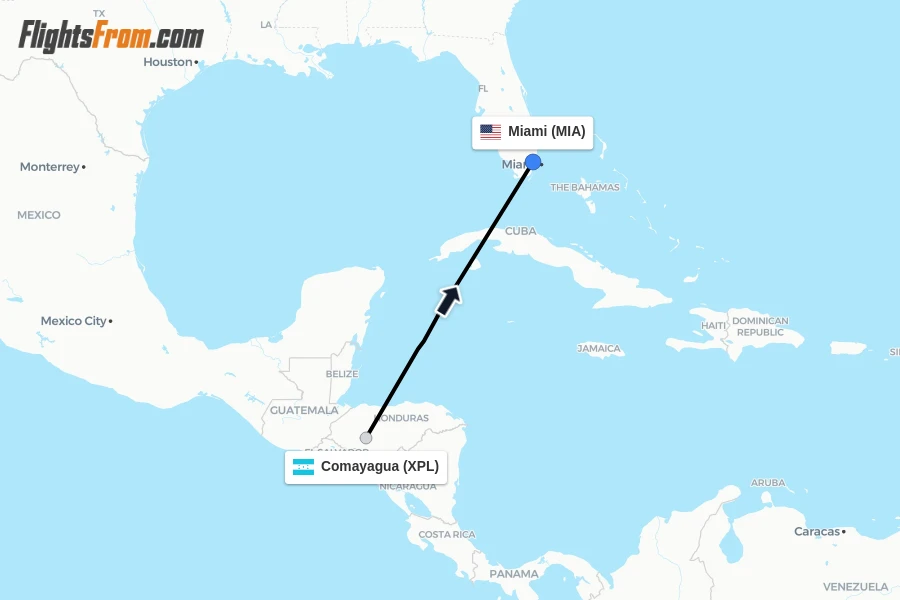 Flights from Comayagua to Miami route map