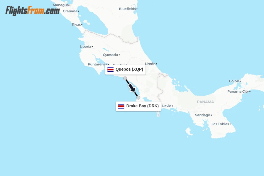 Flights from Quepos to Drake Bay route map
