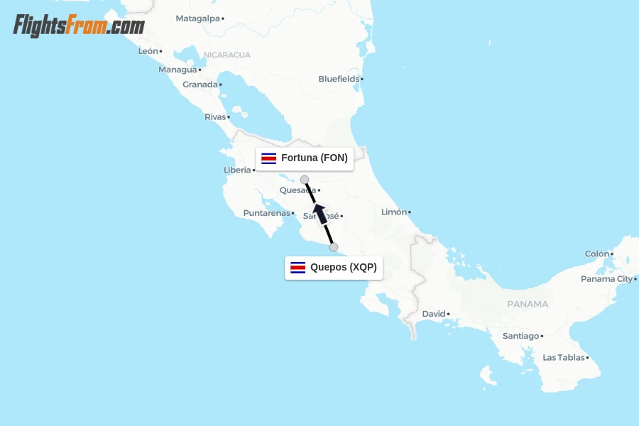 Flights from Quepos to Fortuna route map