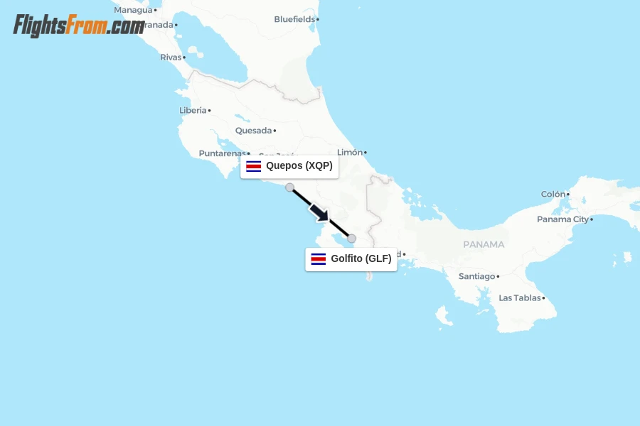 Flights from Quepos to Golfito route map