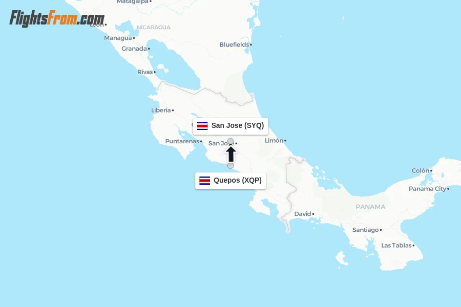 Flights from Quepos to San Jose route map