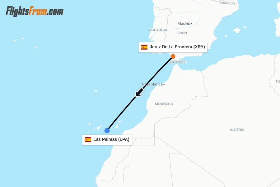 Flights from Jerez De La Frontera to Las Palmas route map
