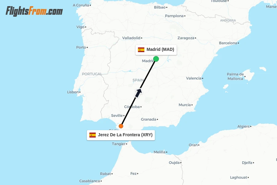 Flights from Jerez De La Frontera to Madrid route map