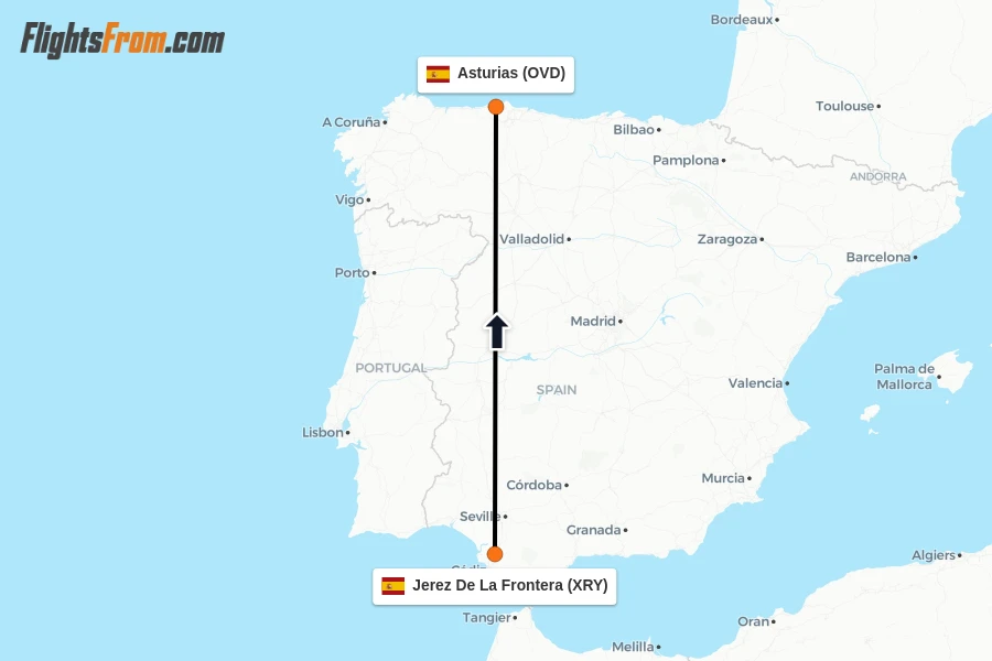 Flights from Jerez De La Frontera to Asturias route map