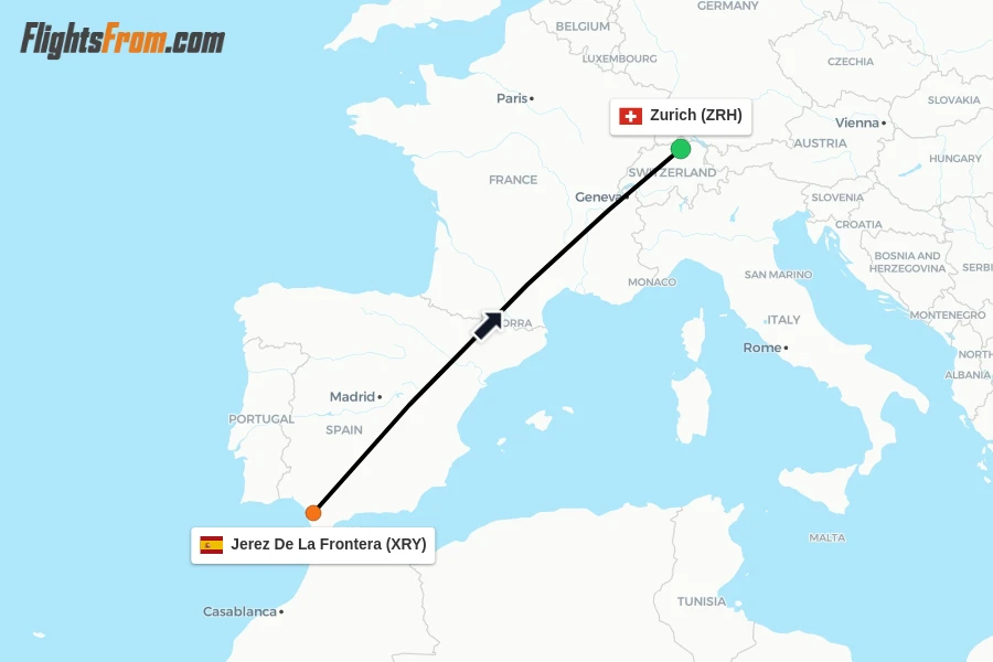 Flights from Jerez De La Frontera to Zurich route map