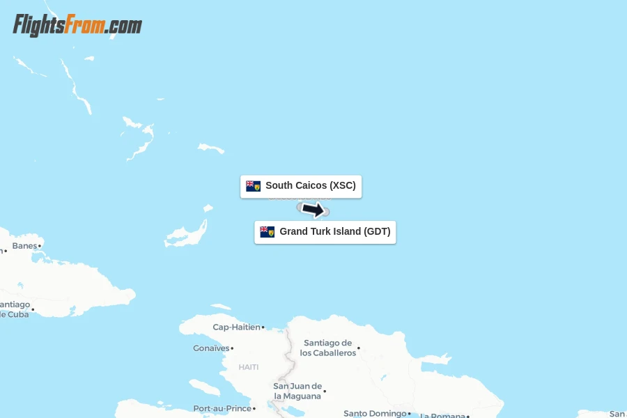 Flights from South Caicos to Grand Turk Island route map