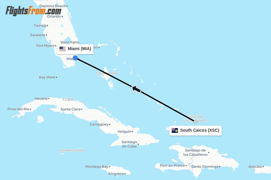 Flights from South Caicos to Miami route map