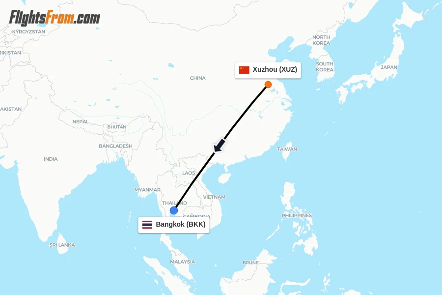 Flights from Xuzhou to Bangkok route map