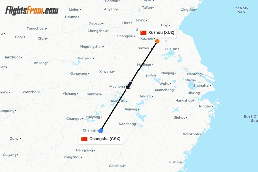 Flights from Xuzhou to Changsha route map