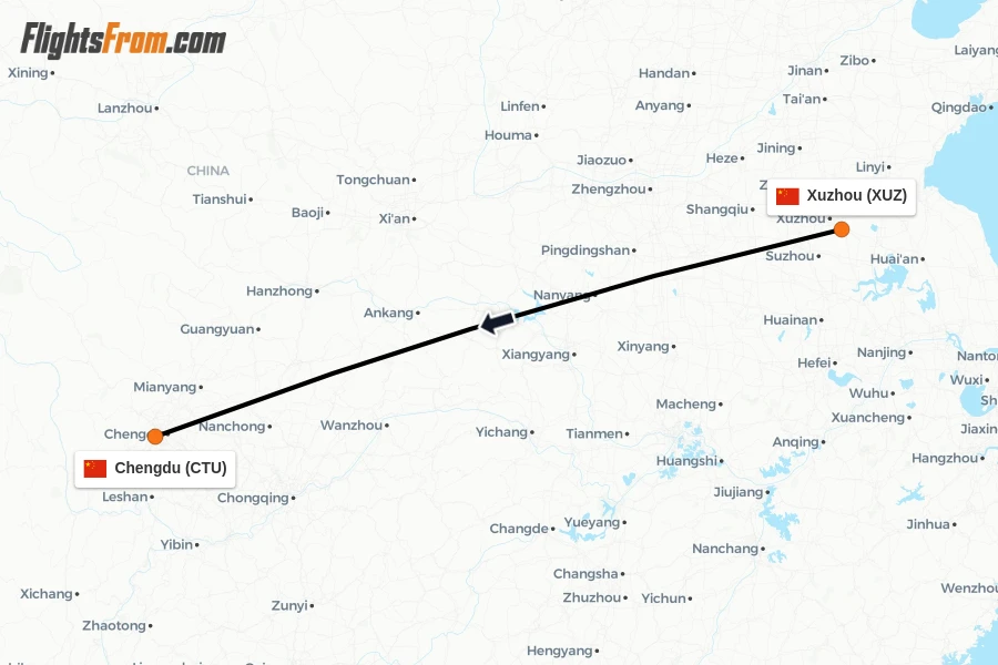 Flights from Xuzhou to Chengdu route map