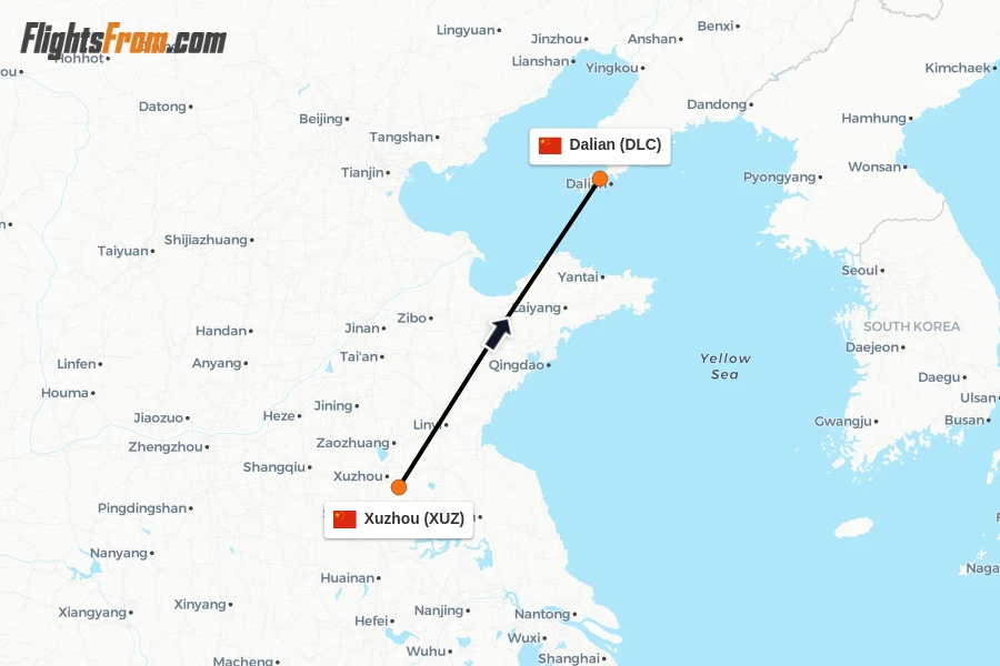Flights from Xuzhou to Dalian route map